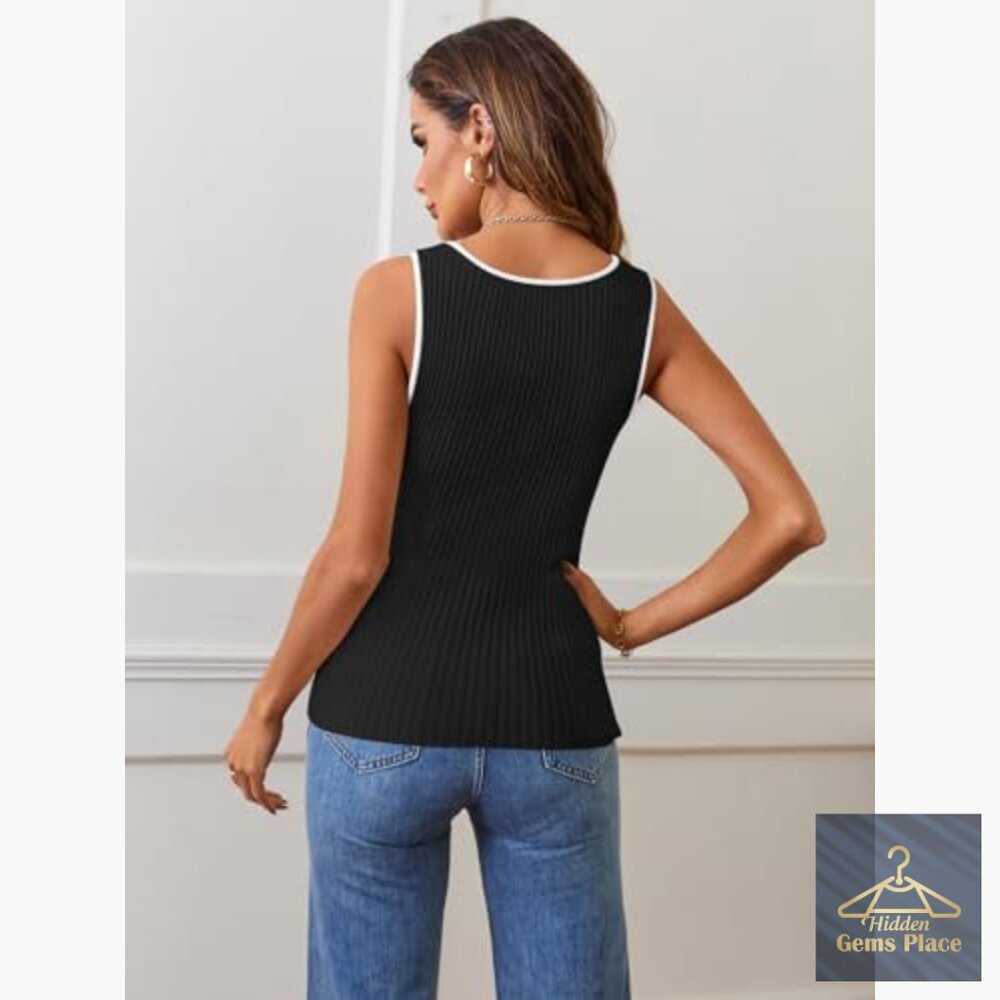 Slim Fit Ribbed Knit Tank Top Square Neck Sleeveless Summer Basic - Picture 5 of 7